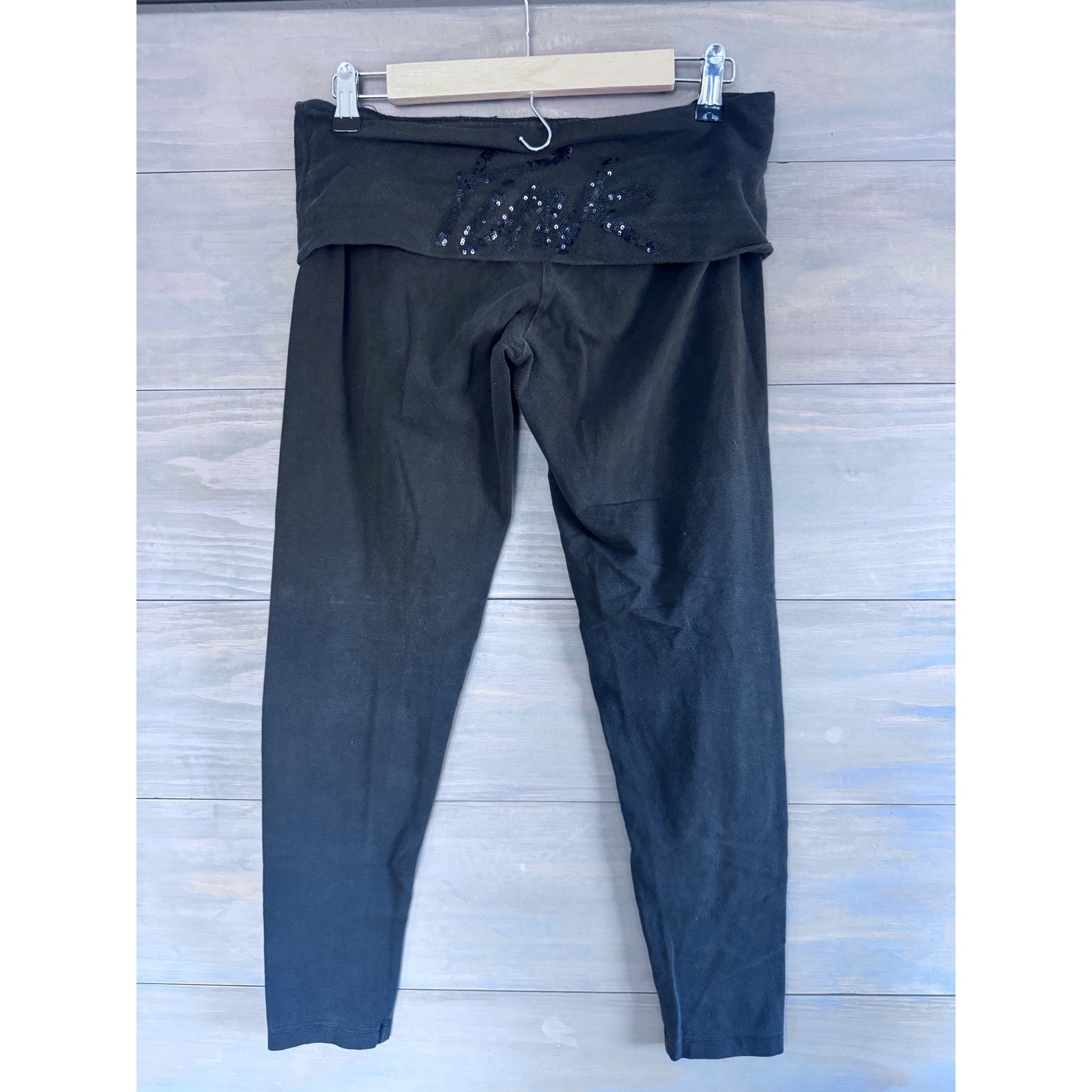 Vintage Victorias Secret Pink Yoga Leggings Black Foldover Sequin Logo Medium